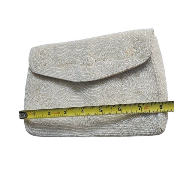 Vintage Hand-Beaded Ivory Clutch Purse Made in Japan Bridal bag - Picture 5 of 11